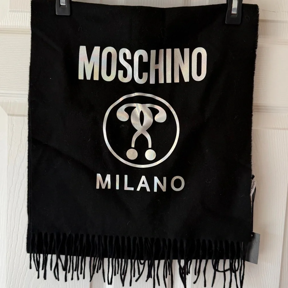 Moschino Black Iridescent Logo Fringe Wool Scarf